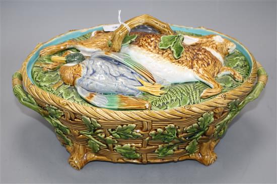 A Mintons majolica game tureen, with hare and poultry lid and oak leaf base, impressed marks, 36cm